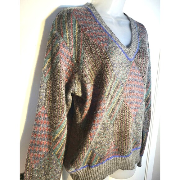 Vintage Womens Italy Wool Argyle Geometric Knit V neck  Dark Aacademia sweater S - Picture 2 of 12